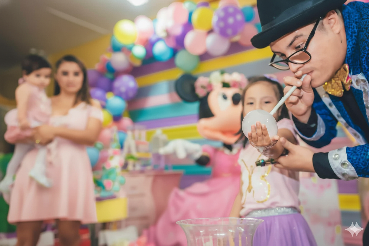 ted el artista en escena, asombrnado con sus burbujas con humo